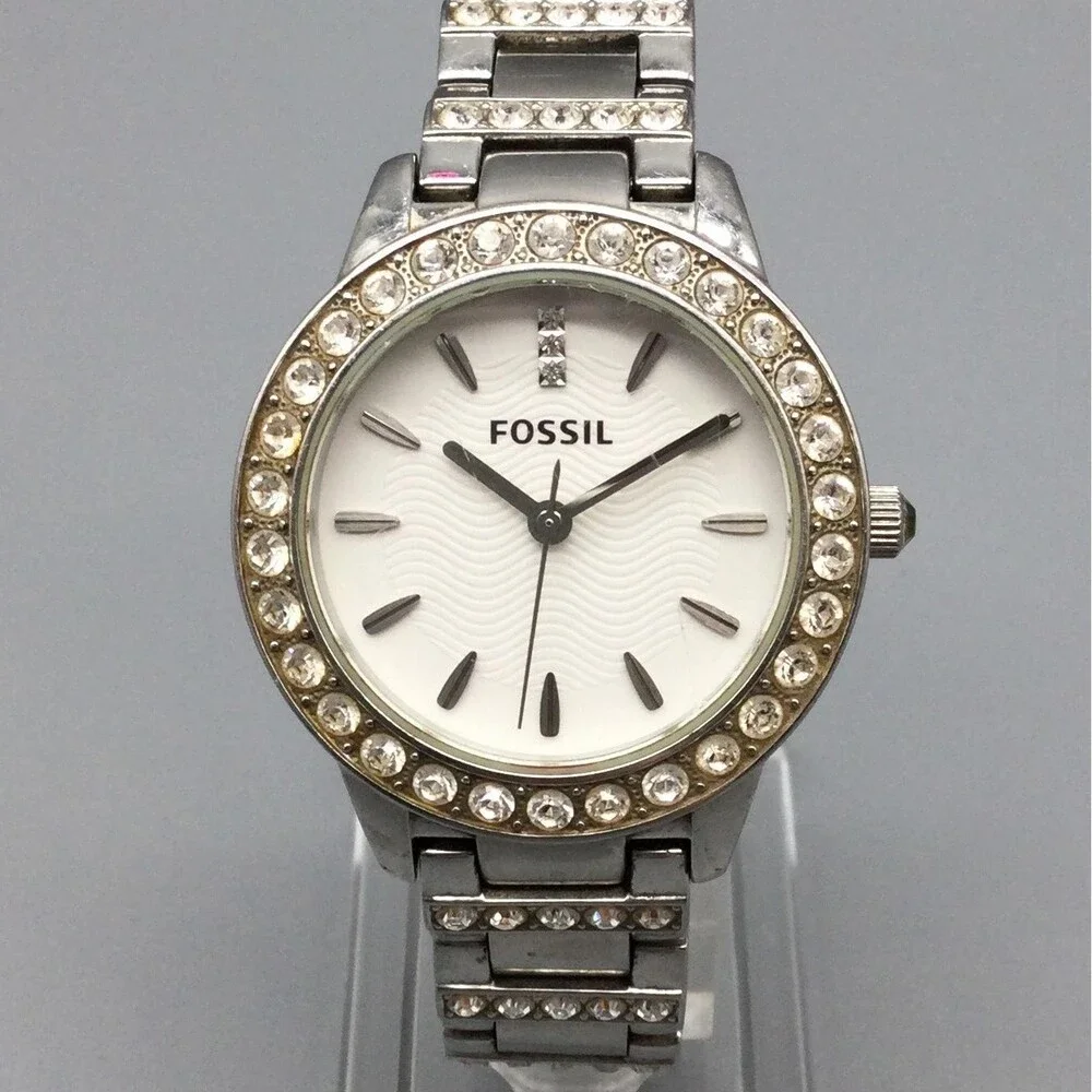 Fossil Womens Watch 34mm Silver Tone Crystals ES-3362 Steel New Battery 7
